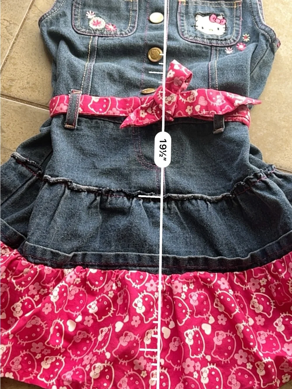 Sanrio Hello Kitty Denim Dress Girls SZ 6 Ruffle Hem Pink Belt Kawaii y2k